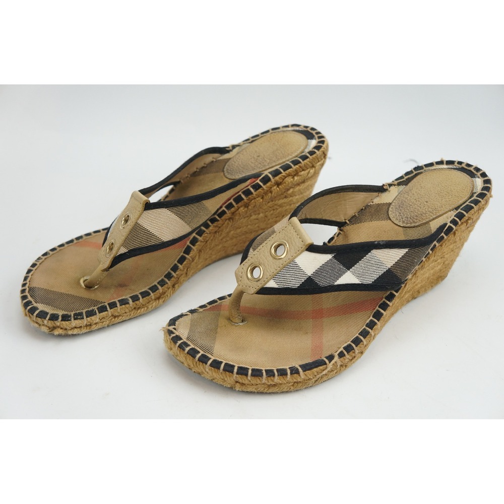 Burberry Espadrille Wedge Sandals 40 Beige Nova Check Thong Platform Good
